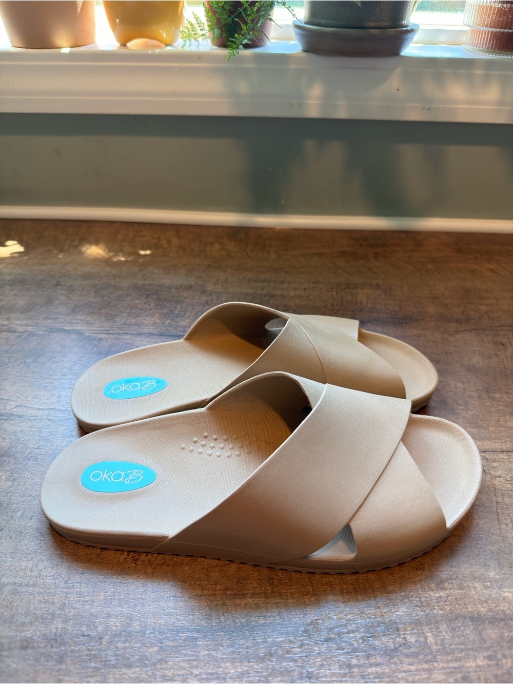 NWOB OKA b Beige Rubber Slip On Slide Sandals Logo Women's Size 8.5-9.5